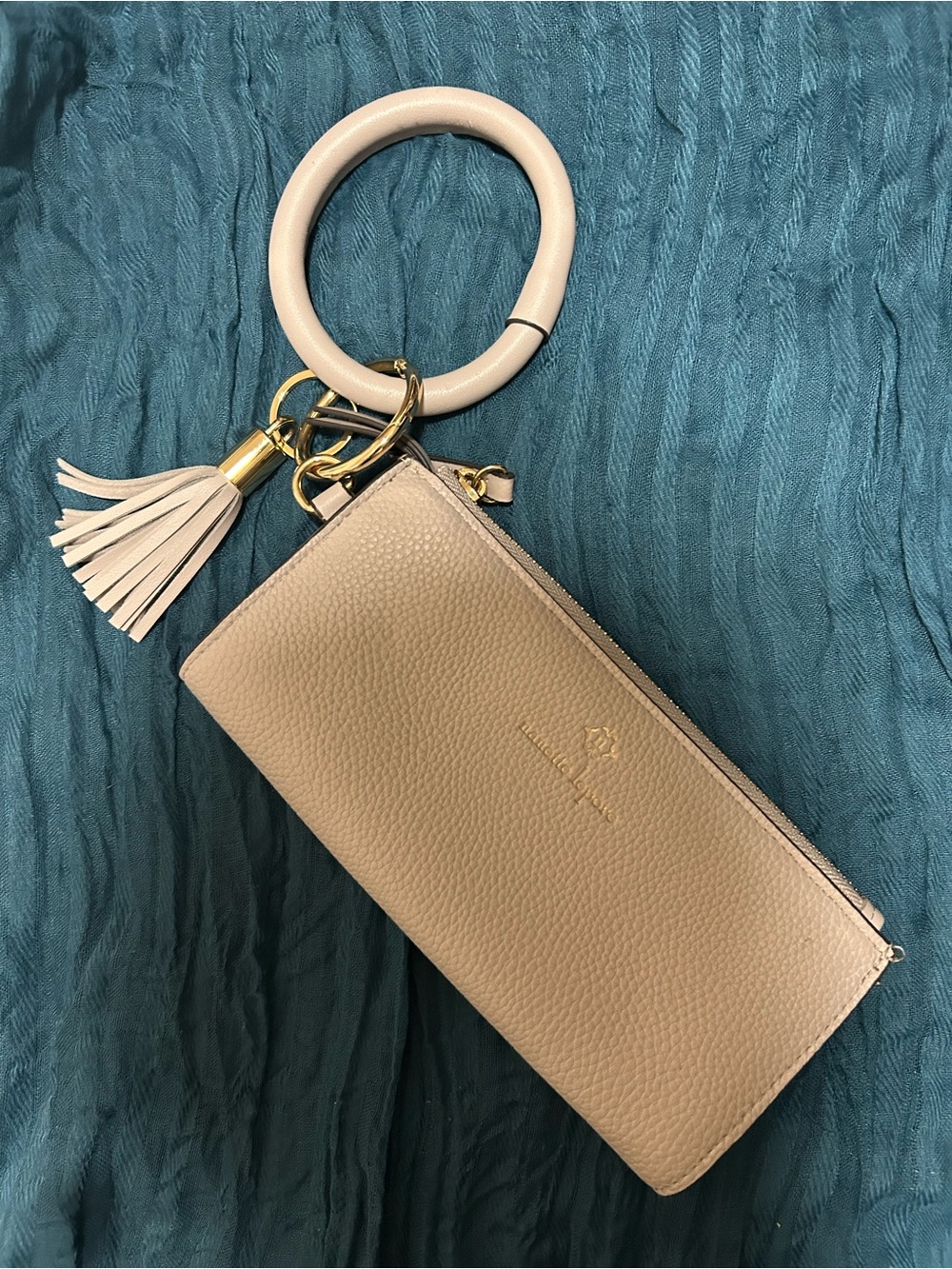 Light Beige Leather Wristlet Keychain Clutch with Tassel